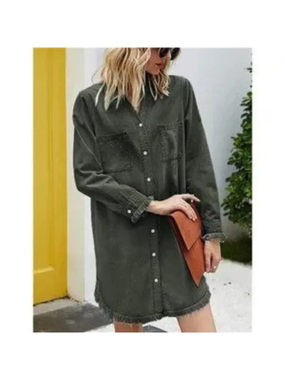Women Denim Shirt Dresses Long Sleeve Distressed Jean Dress - Picture 4 of 4